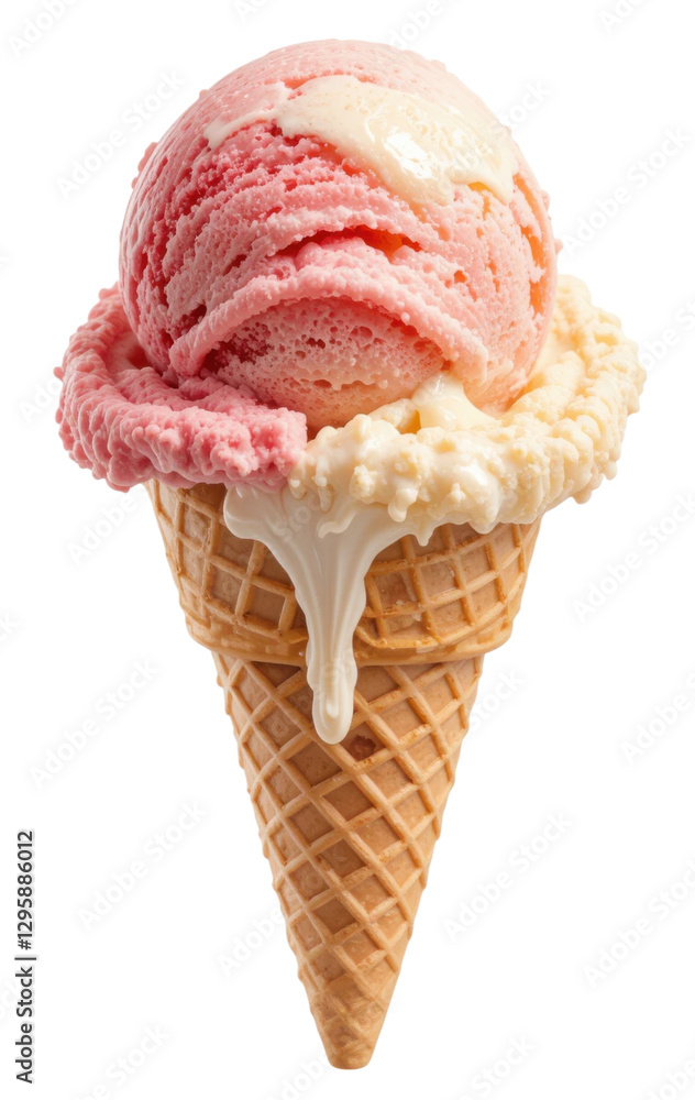 Delicious Strawberry and Vanilla Ice Cream Cone with Waffle Cone and Melting Creamy Texture Delicious Strawberry and Vanilla Ice Cream Cone with Waffle Cone and Melting Creamy Texture