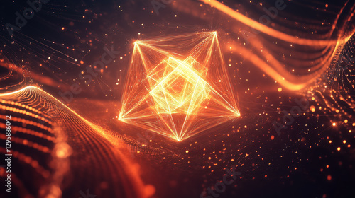 A quantum encryption key being generated, represented as a glowing geometric structure surrounded by digital energy waves