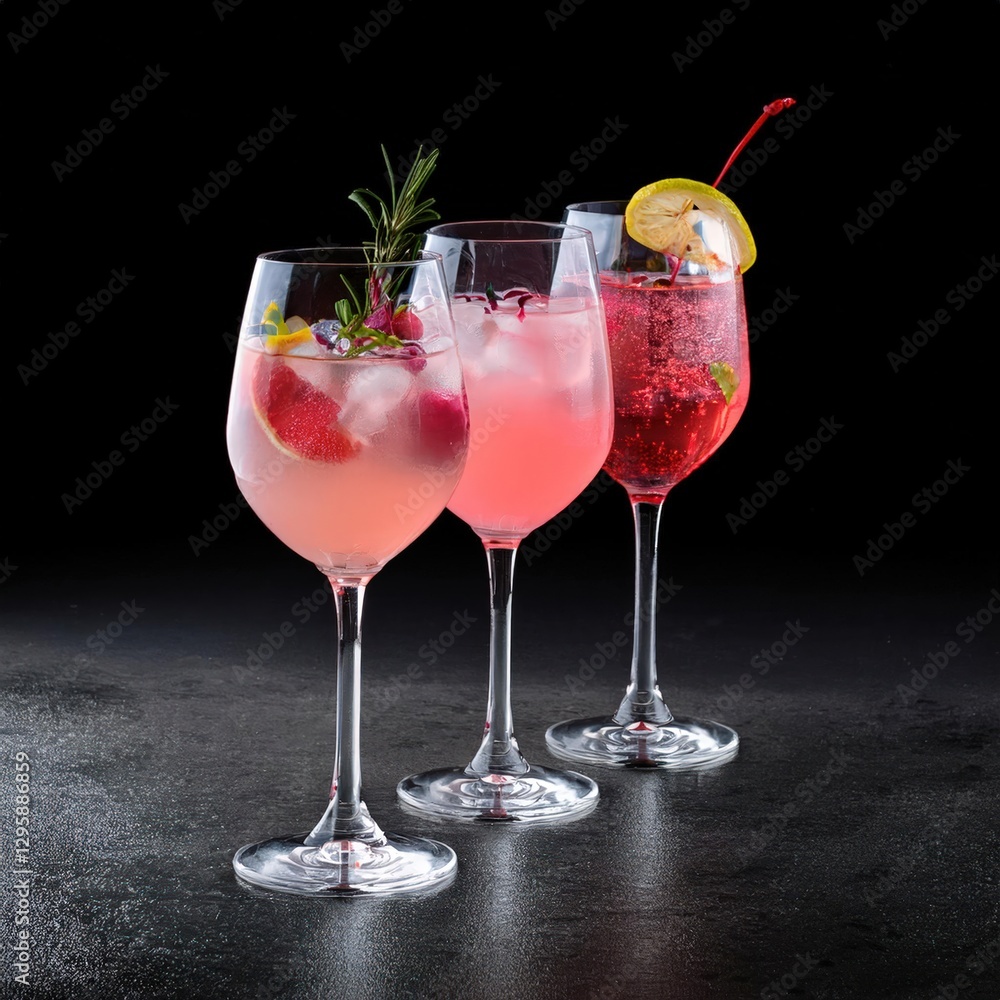 Variety of pink cocktails on , refreshing summer drinks Variety of pink cocktails on , refreshing summer drinks