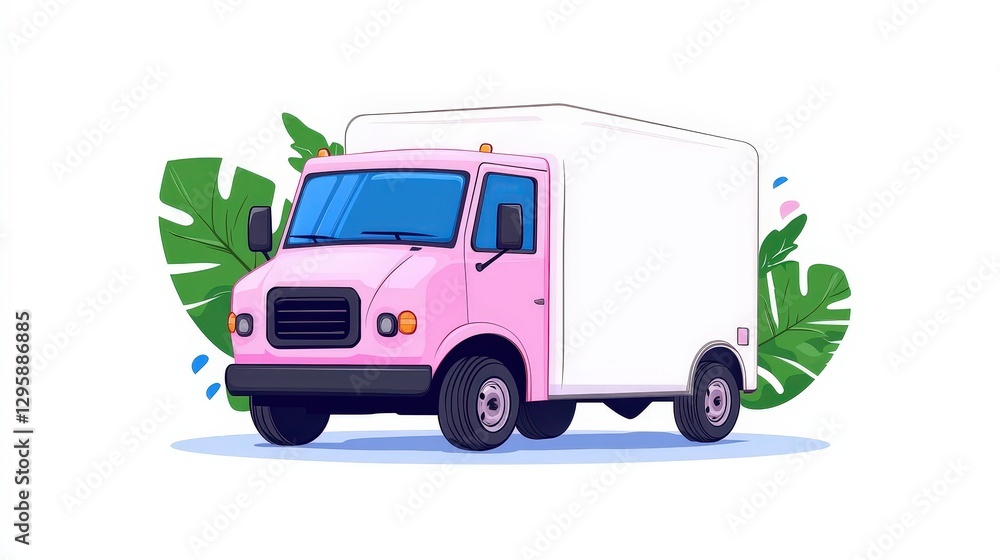 A pink delivery truck stands in front of tropical green leaves A pink delivery truck stands in front of tropical green leaves