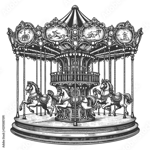 Vintage Carousel with Horses vector illustration