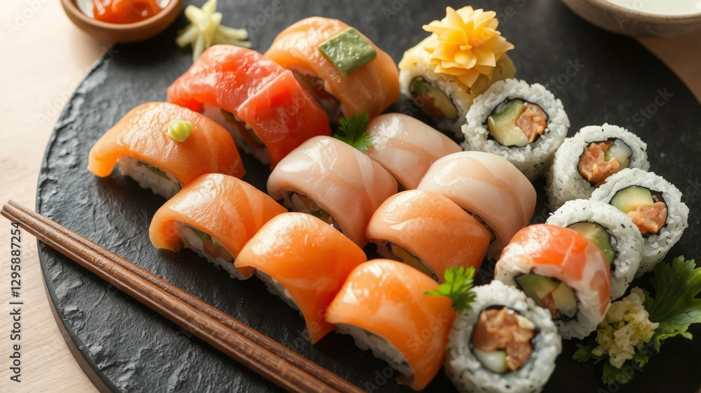 The sushi and chopsticks are beautifully placed on the plate. The sushi and chopsticks are beautifully placed on the plate.