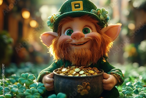  Whimsical Leprechaun in Green Hat Holding Pot of Gold Coins Surrounded by Clovers