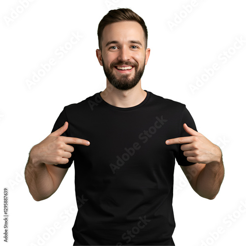 Mockup black shirt on a transparent PNG. The man is pointing to the middle of the shirt to reinforce the message