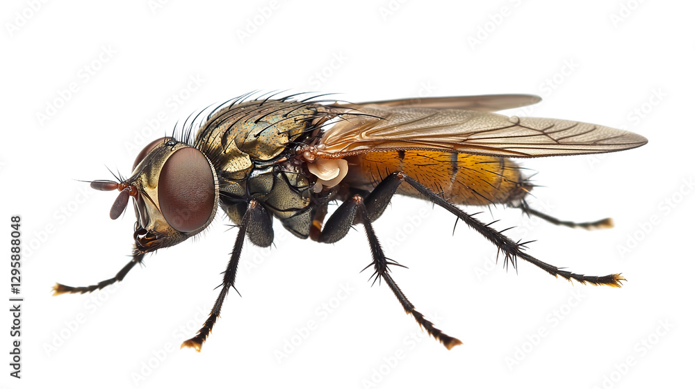 Isolated macro fly with hairy detail and green eye on white Isolated macro fly with hairy detail and green eye on white