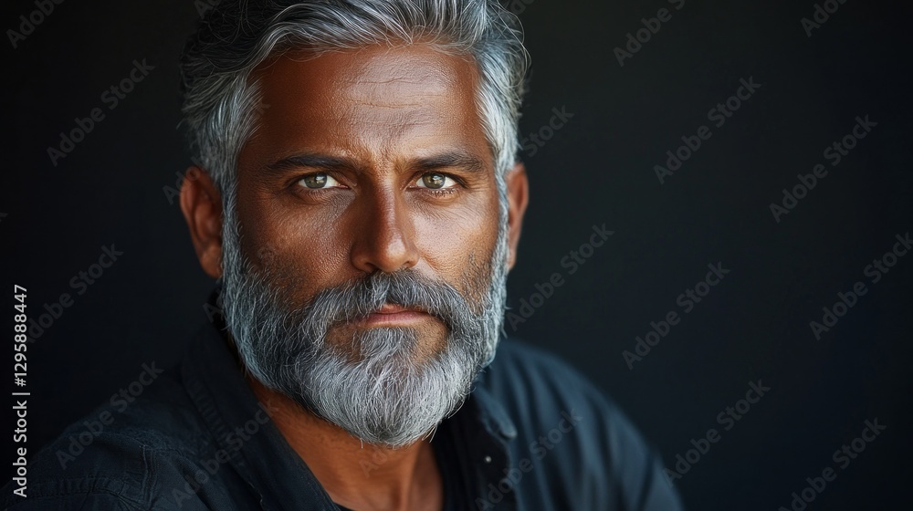 Obraz premium A mature man with striking silver hair and a full beard stands in a contemplative pose. His penetrating gaze reflects wisdom and depth, set against a contrasting dark background that adds intensity