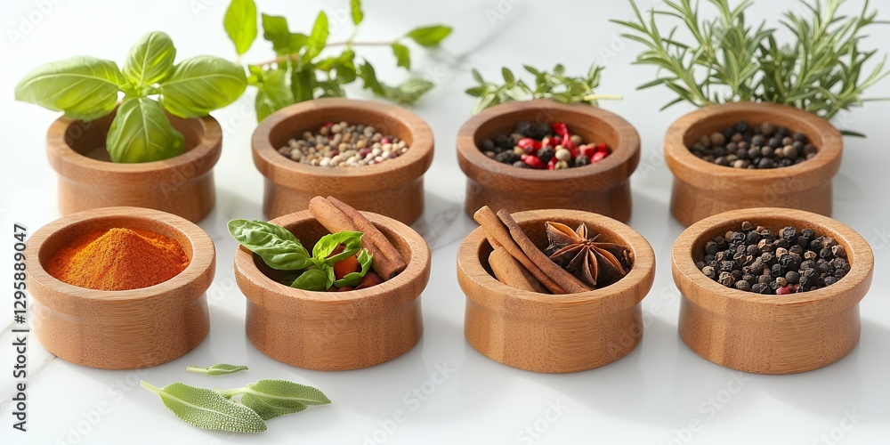 木製ボウルに盛られたスパイスとハーブのアソートメント | Assortment of Spices and Herbs in Wooden Bowls 木製ボウルに盛られたスパイスとハーブのアソートメント | Assortment of Spices and Herbs in Wooden Bowls