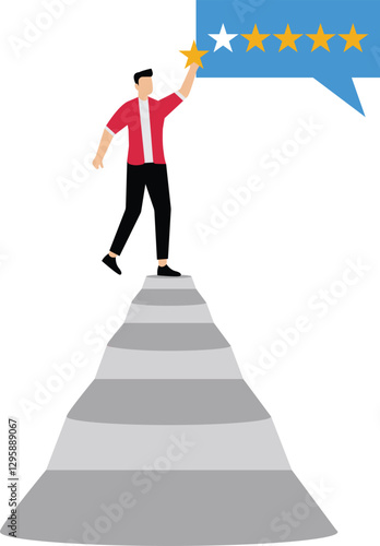 Customer giving 5 stars rating review, reputation and customer feedback, a man climb up ladder to put on best rating