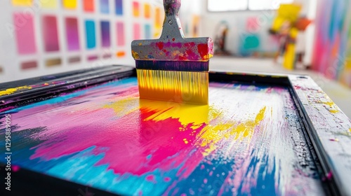 Vibrant screen printing action with squeegee creative studio artwork colorful environment close-up view