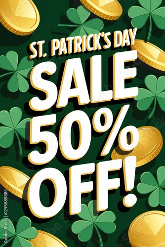 St Patrick's day concept, Saint Patrick's day holiday, St Patrick s Day Sale 50 Off Celebrate with Shamrocks Gold Coins