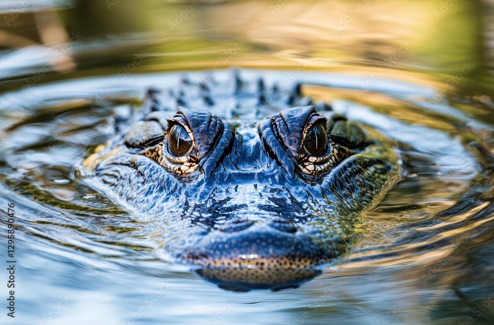 Obraz premium Close-Up of a Sinister Alligator Emerging from Water with Shimmering Ripples Underneath a Bright Blue Sky in a Natural Habitat