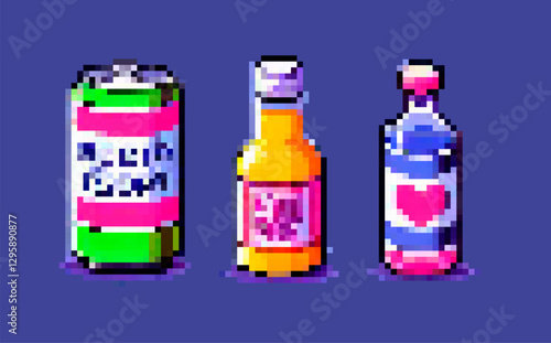 Pixel art image displays three beverage containers against a blue background: a soda can, an orange bottle, and a bottle with a heart. Vaporwave nostalgic style.