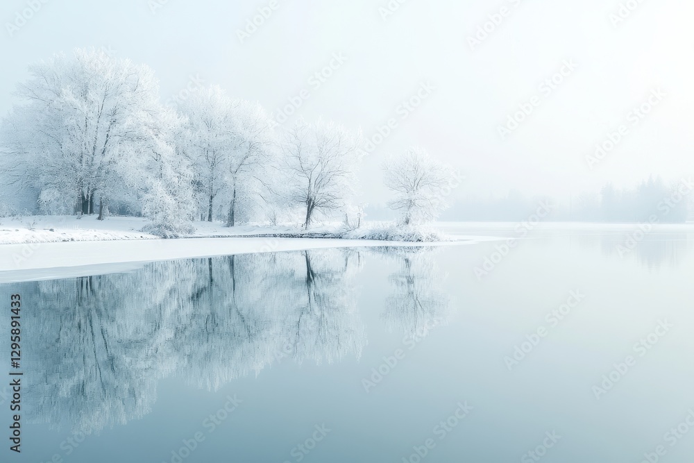 Winter wonderland, frozen lake reflection, frost-covered trees, serene landscape, ethereal white branches Winter wonderland, frozen lake reflection, frost-covered trees, serene landscape, ethereal white branches