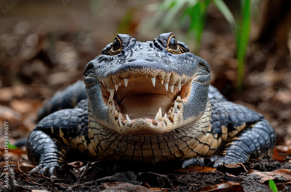 Fototapeta premium Close-Up of a Smiling Alligator with Sharp Teeth and Textured Skin Among Lush Greenery and Brown Leaves in Natural Habitat