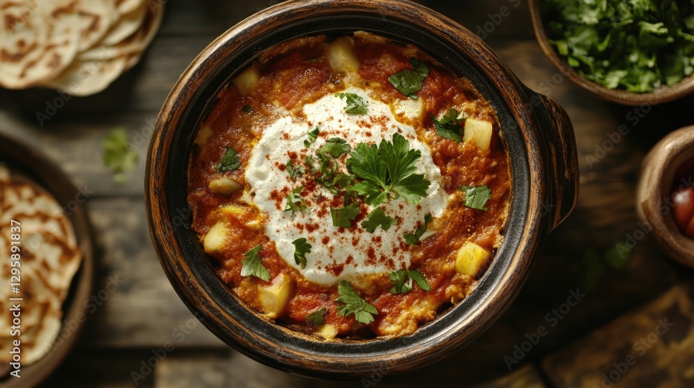 A hearty vegetarian soup with pita bread, creamy sour cream topping, a chili pepper garnish, all presented on a rustic wooden table. A hearty vegetarian soup with pita bread, creamy sour cream topping, a chili pepper garnish, all presented on a rustic wooden table.
