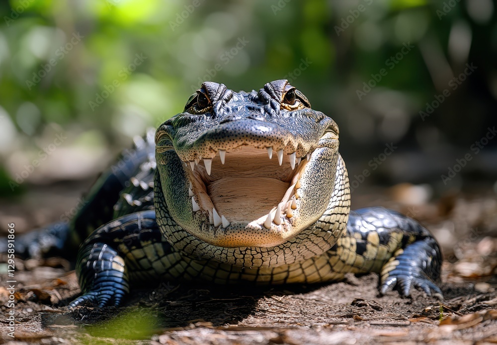 Obraz premium Close-Up of a Smiling Alligator with Sharp Teeth in Natural Habitat Surrounded by Lush Greenery and Soft Natural Light