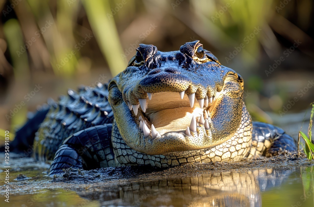 Fototapeta premium Close-Up of a Smiling Alligator with Sharp Teeth in Its Natural Habitat Surrounded by Lush Greenery Underneath Bright Sunlight