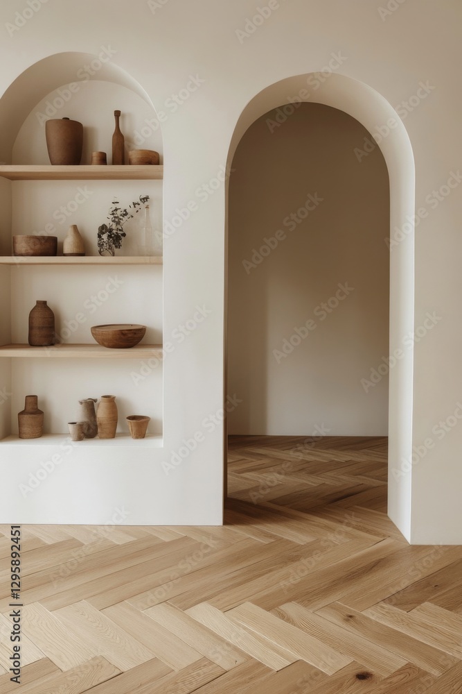 Fototapeta premium Modern Archway Shelves in a Light Beige Interior with Hardwood Floors