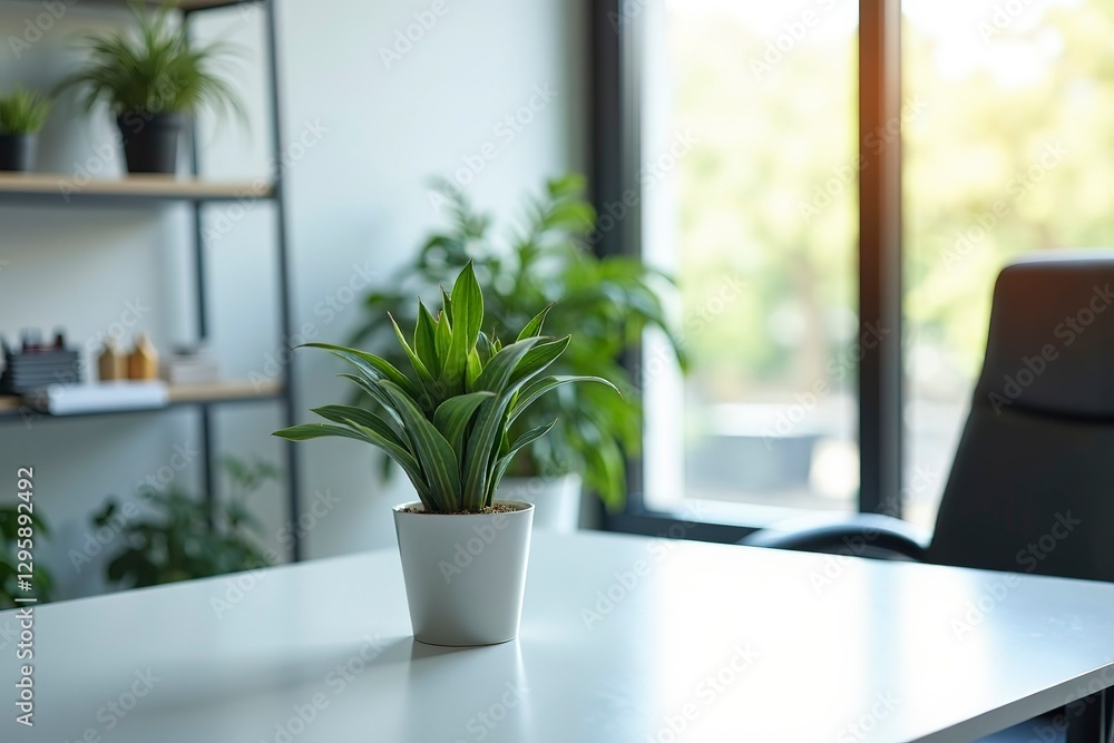 Fototapeta premium A potted plant on a modern desk, symbolizing simplicity and focus in a clean workspace.