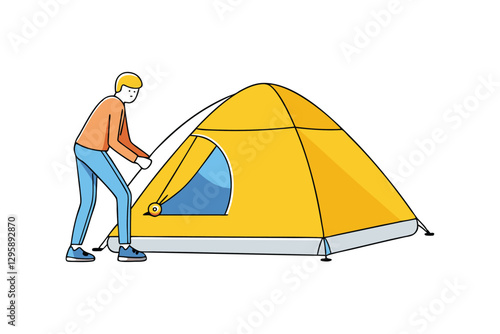 Vector art illustration of a person setting up a yellow tent in a camping ground.eps