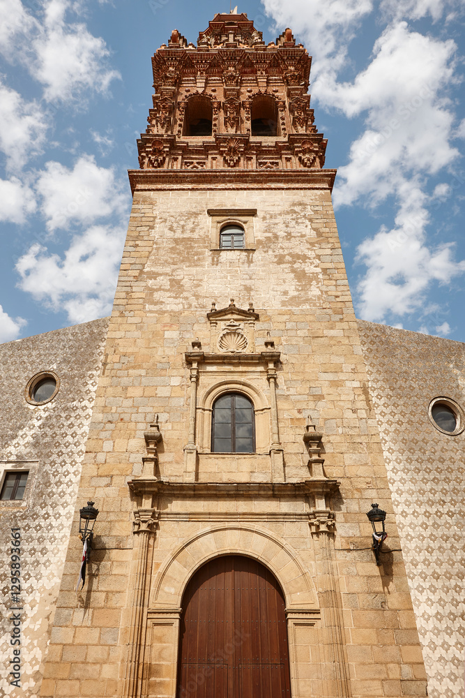 Baroque style church tower. Jerez Caballeros. St. Miguel archangel. Spain
