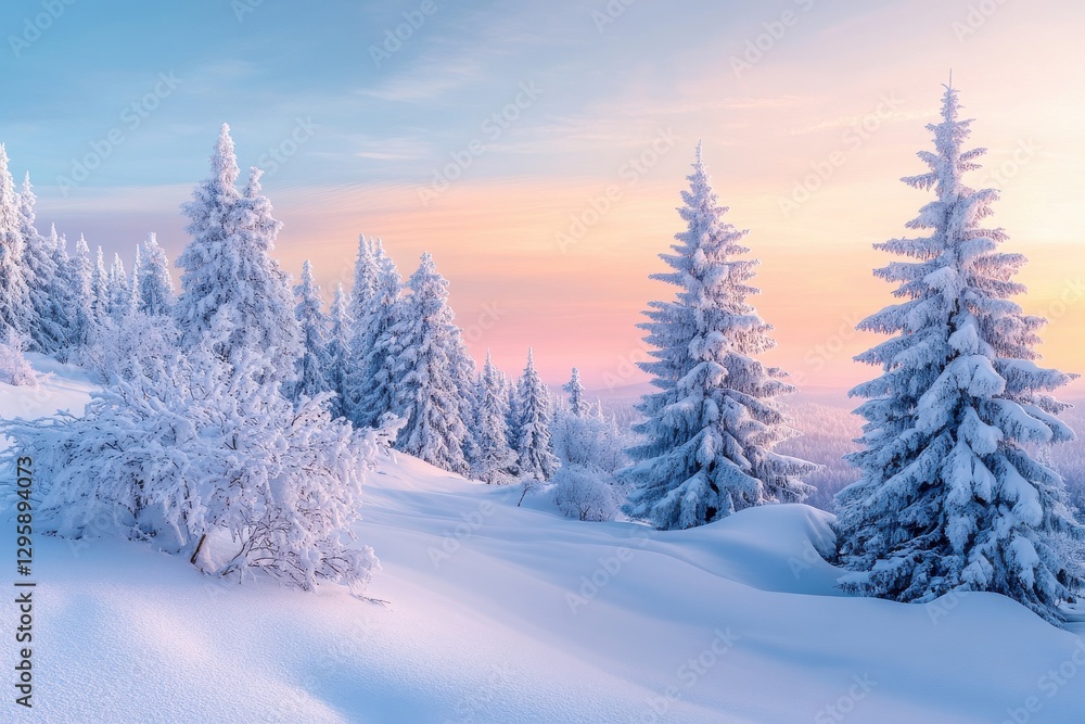 Fototapeta premium Winter wonderland, snow-covered pine trees, gentle snowfall, soft blue sky, pastel sunset colors