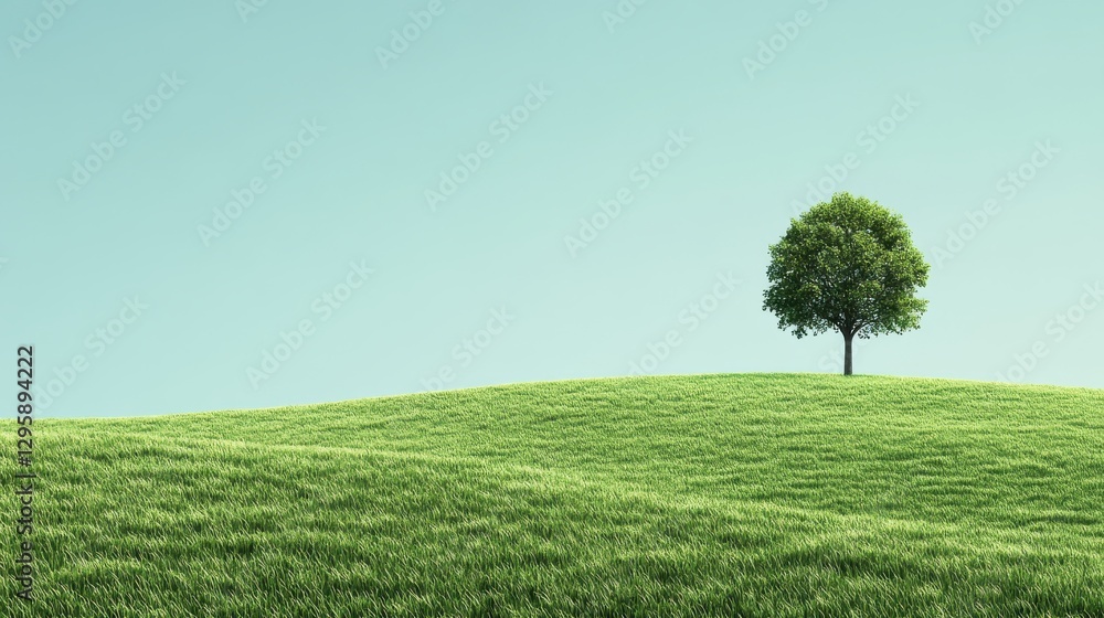 Lush Green Hills with a Solitary Tree Against a Clear Blue Sky, Symbolizing Peace and Tranquility in Nature Lush Green Hills with a Solitary Tree Against a Clear Blue Sky, Symbolizing Peace and Tranquility in Nature