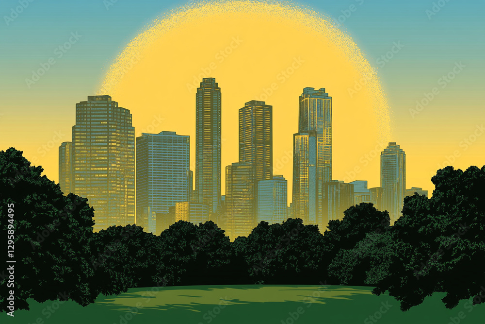 Fototapeta premium Sunset over city skyline with trees in foreground