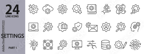 Settings line icons set with Configuration, Options, Network, Security, Data, System, Technology and more. Editable Stroke