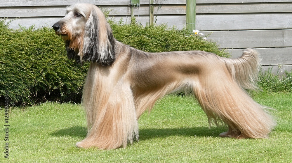 Afghan Hound standing proudly in backyard garden with wooden fence Afghan Hound standing proudly in backyard garden with wooden fence