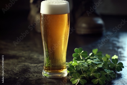 A frothy glass of Irish craft beer, topped with clover sprouts. photo