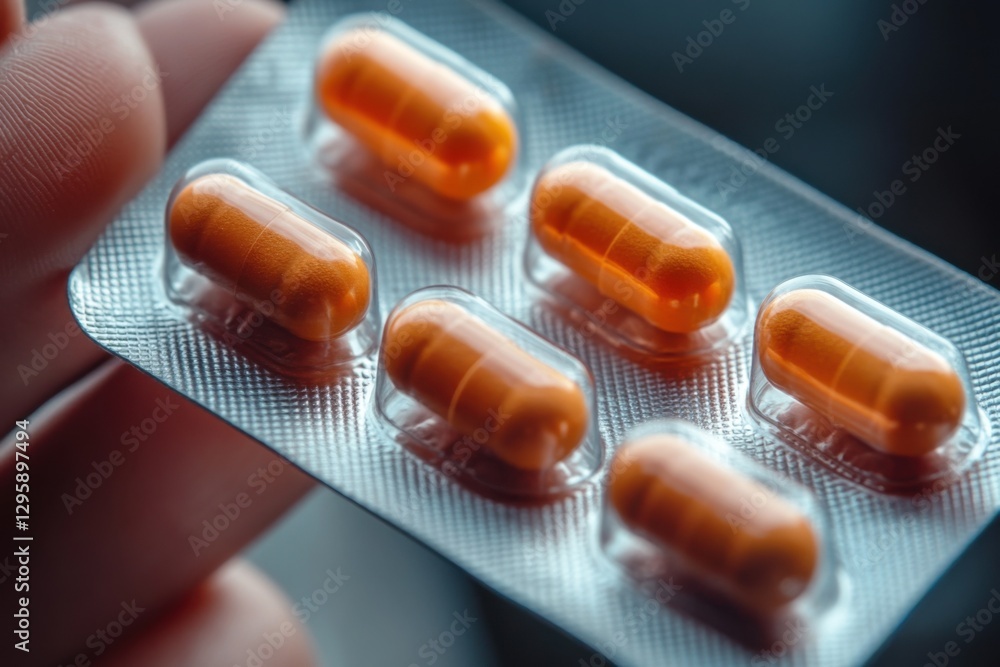 Dramatic macro shot highlighting a hand gripping a blister pack filled with vibrant flu medicine capsules in high-definition clarity Dramatic macro shot highlighting a hand gripping a blister pack filled with vibrant flu medicine capsules in high-definition clarity