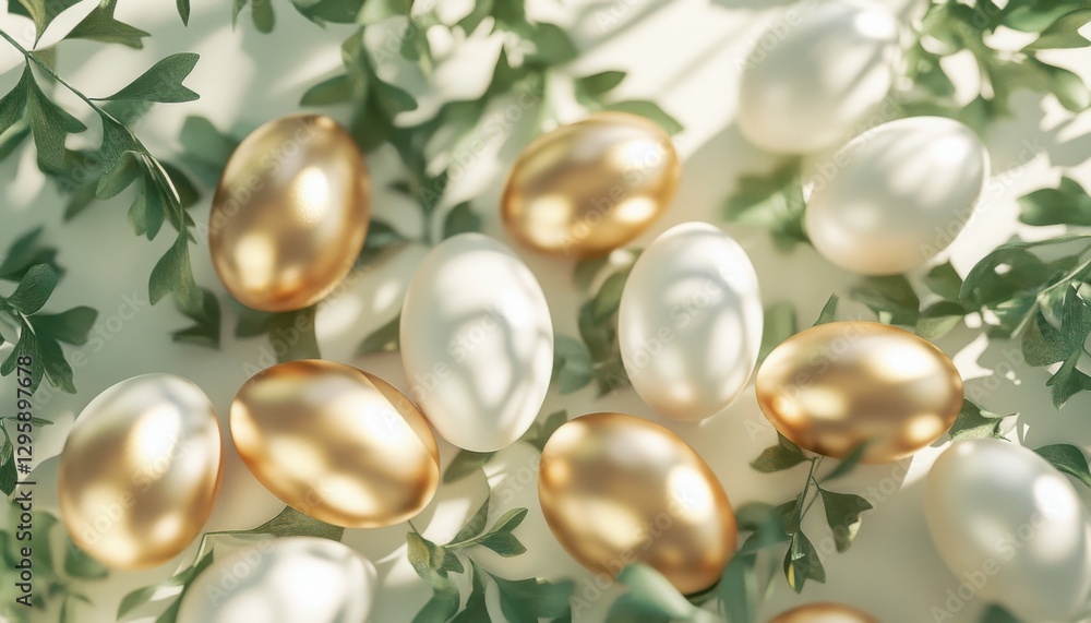 Scattered Easter eggs in matte gold and pearlescent white, interwoven with delicate greenery, forming an Scattered Easter eggs in matte gold and pearlescent white, interwoven with delicate greenery, forming an