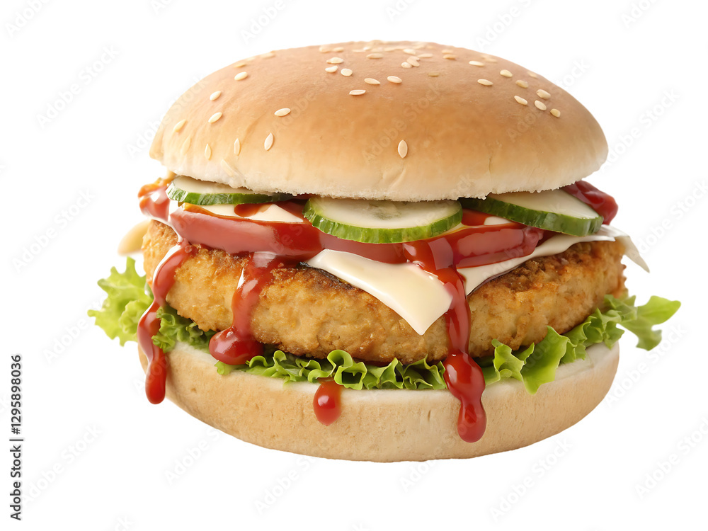 Chicken Burger with Ketchup and Mayonnaise Fresh Vegetables on Side High-Resolution Photography. Chicken Burger with Ketchup and Mayonnaise Fresh Vegetables on Side High-Resolution Photography.