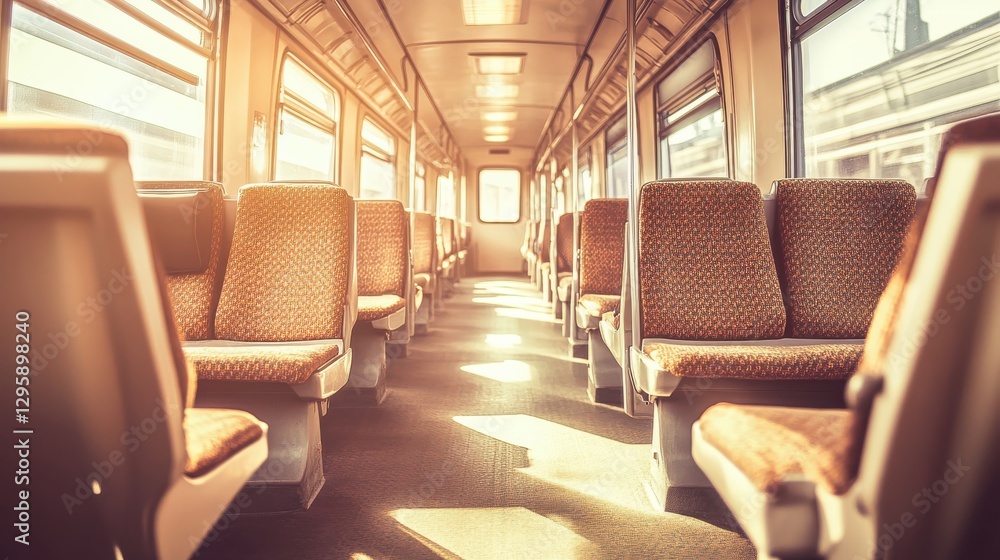 Empty train carriage interior showcasing neat seating arrangement and soft light filtering through the windows for dramatic effect Empty train carriage interior showcasing neat seating arrangement and soft light filtering through the windows for dramatic effect