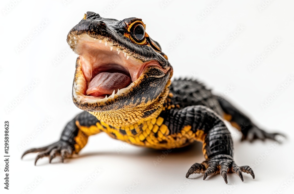 Fototapeta premium Close-up of a vibrant lizard with striking scales and open mouth showcasing sharp teeth against a white background for nature and wildlife photography.