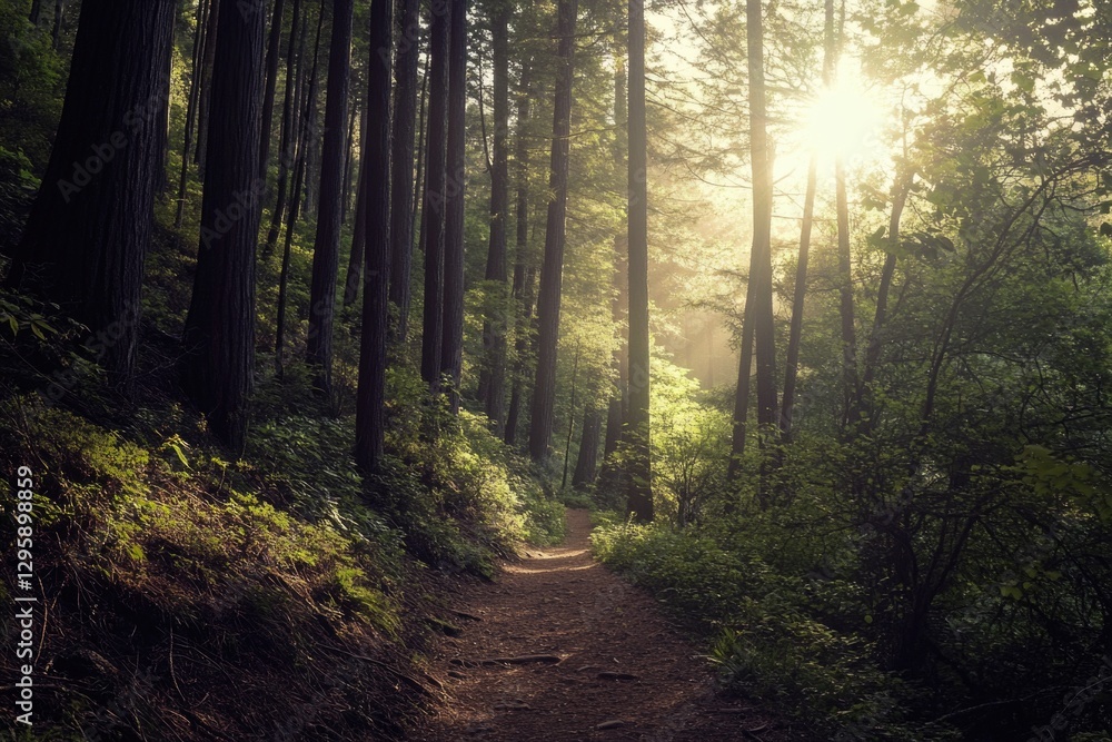 Path through a serene forest during sunrise, with sunlight filtering through the trees creating a peaceful atmosphere for hikers. Path through a serene forest during sunrise, with sunlight filtering through the trees creating a peaceful atmosphere for hikers.