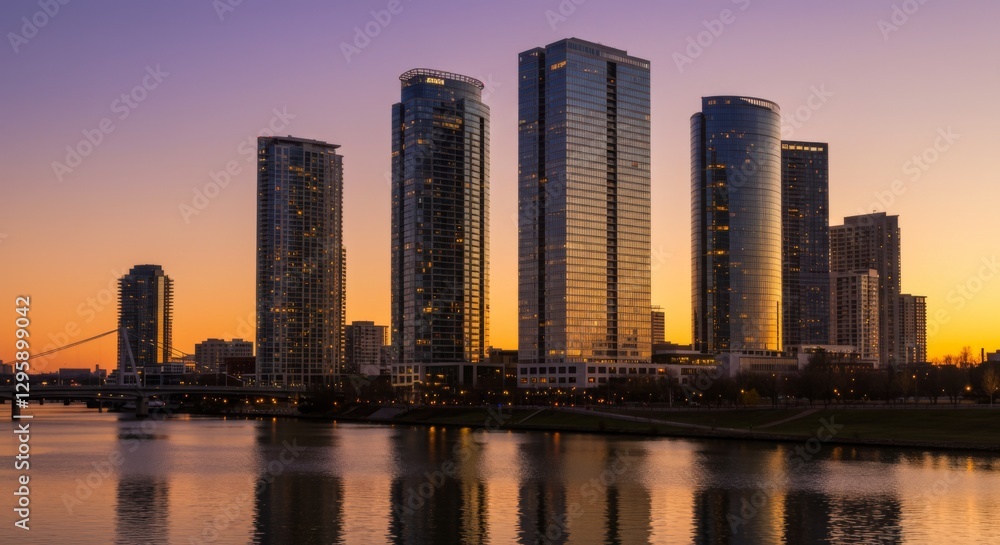 Obraz premium A modern downtown skyline at sunset, glass skyscrapers reflecting warm golden light