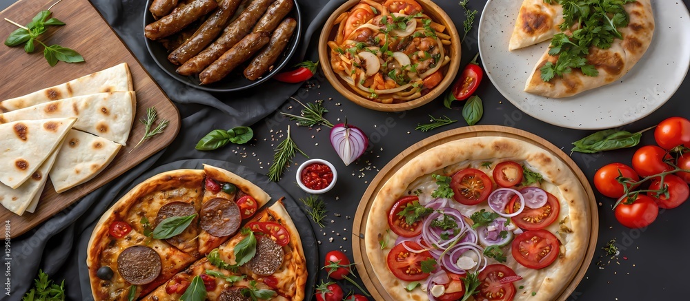 Variety of pizzas with toppings and side dishes-A variety of pizzas with colorful toppings, along with sausages, fresh tomatoes, and dipping sauces, displayed on a dark surface. Variety of pizzas with toppings and side dishes-A variety of pizzas with colorful toppings, along with sausages, fresh tomatoes, and dipping sauces, displayed on a dark surface.