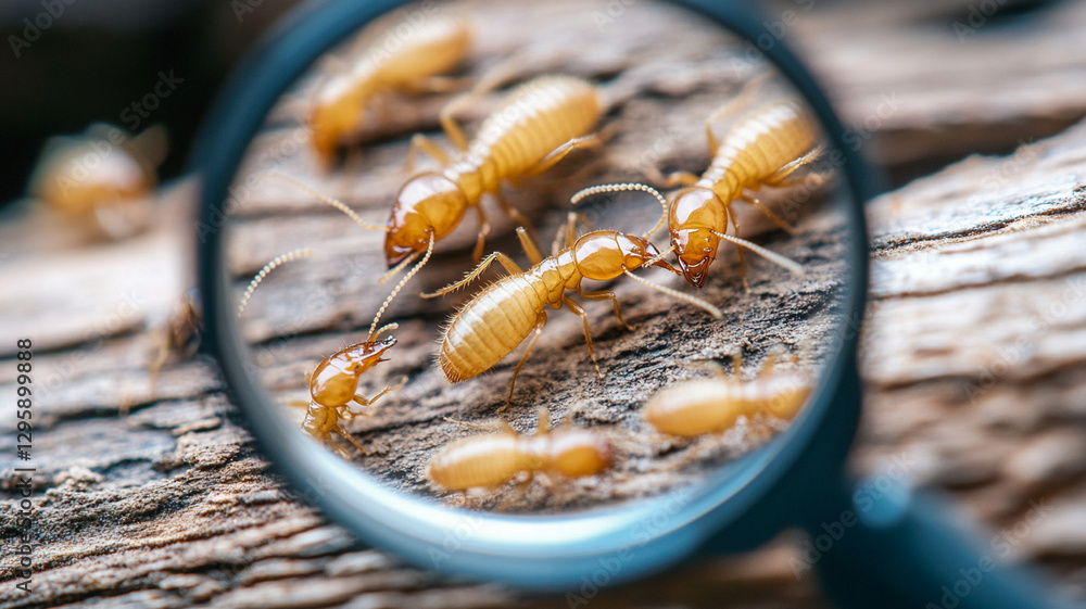 Close up view of termite workers on wooden surface Close up view of termite workers on wooden surface