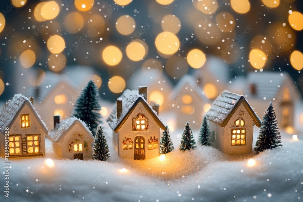 Fototapeta premium A cozy miniature winter village scene with small snow-covered houses, pine trees, and festive
