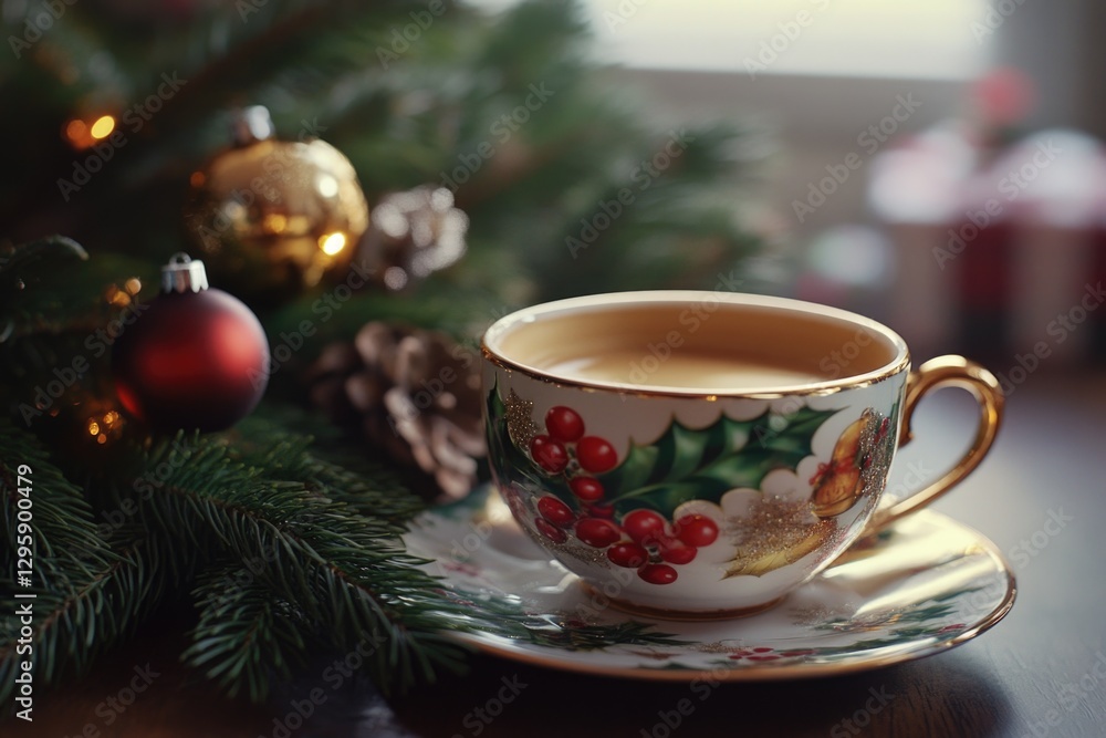 A festive teacup filled with a warm holiday drink, set against the backdrop of Christmas decorations. A festive teacup filled with a warm holiday drink, set against the backdrop of Christmas decorations.