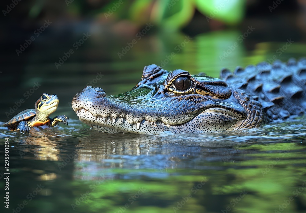 Fototapeta premium Close-Up of Alligator and Baby Turtle in Tranquil Green Waters Under Bright Sunlight, Natural Habitat Reflection, Wild Animal Interaction