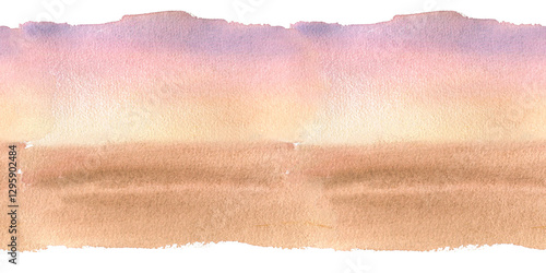 Golden sand and sunrise landscape watercolor on seamless border isolated on white. Scenery of desert and sky in soft colors pink and violet hand drawn on repeat background. Sun at horizon sketch.