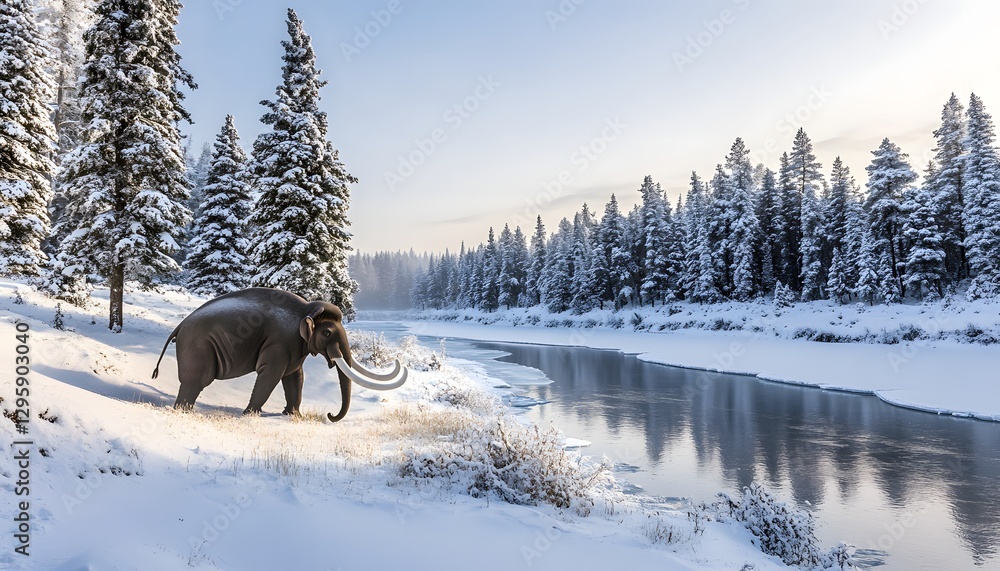 Woolly mammoth walks along a snowy river in winter Woolly mammoth walks along a snowy river in winter