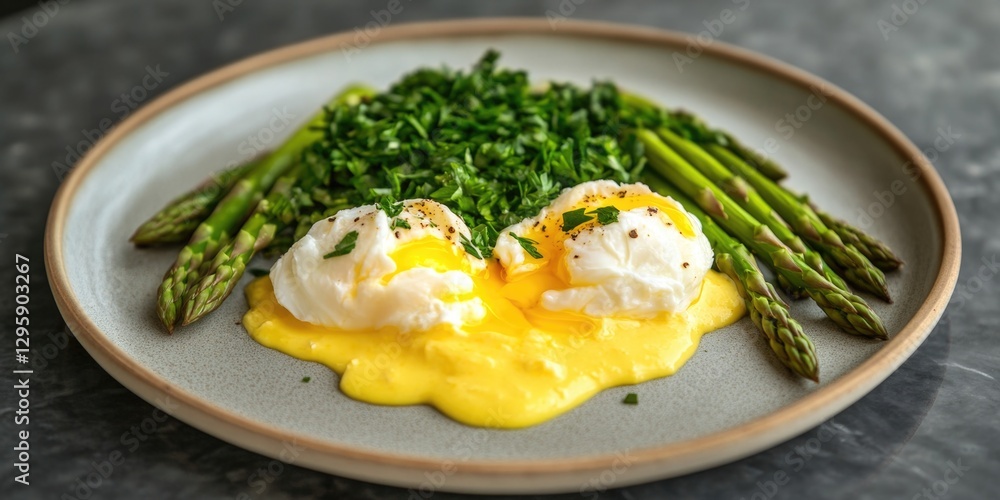 A plate of food with eggs, asparagus, and spinach. The plate is white and the food is yellow A plate of food with eggs, asparagus, and spinach. The plate is white and the food is yellow