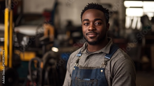 Confident young male mechanic in workshop smiling with tools, focused on craftsmanship, showcasing dedication and skill in a detailed automotive setting