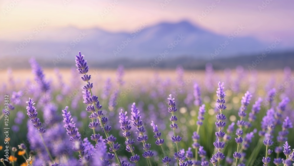 Fototapeta premium Lavender field in bloom with mountains in the background during sunset
