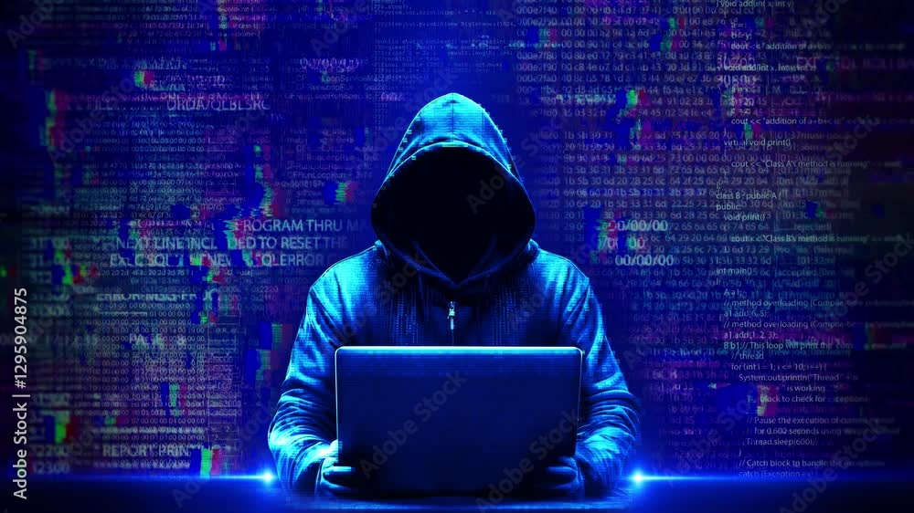 Anonymous Man Without Face Hacking System Digital Virtual Script Texts Numbers Flying Hacker Attack Concept. Dark web darknet fraud. Cryptocurrency bitcoin Cybersecurity social network data protection