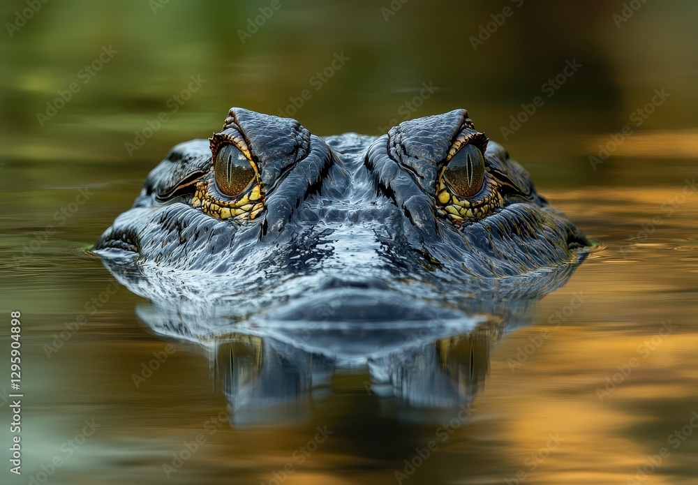 Obraz premium Close-Up of Alligator Eyes Emerging from Calm Waters with Reflections of Nature in Background Illustrating Wildlife's Intriguing Habitats and Behaviors
